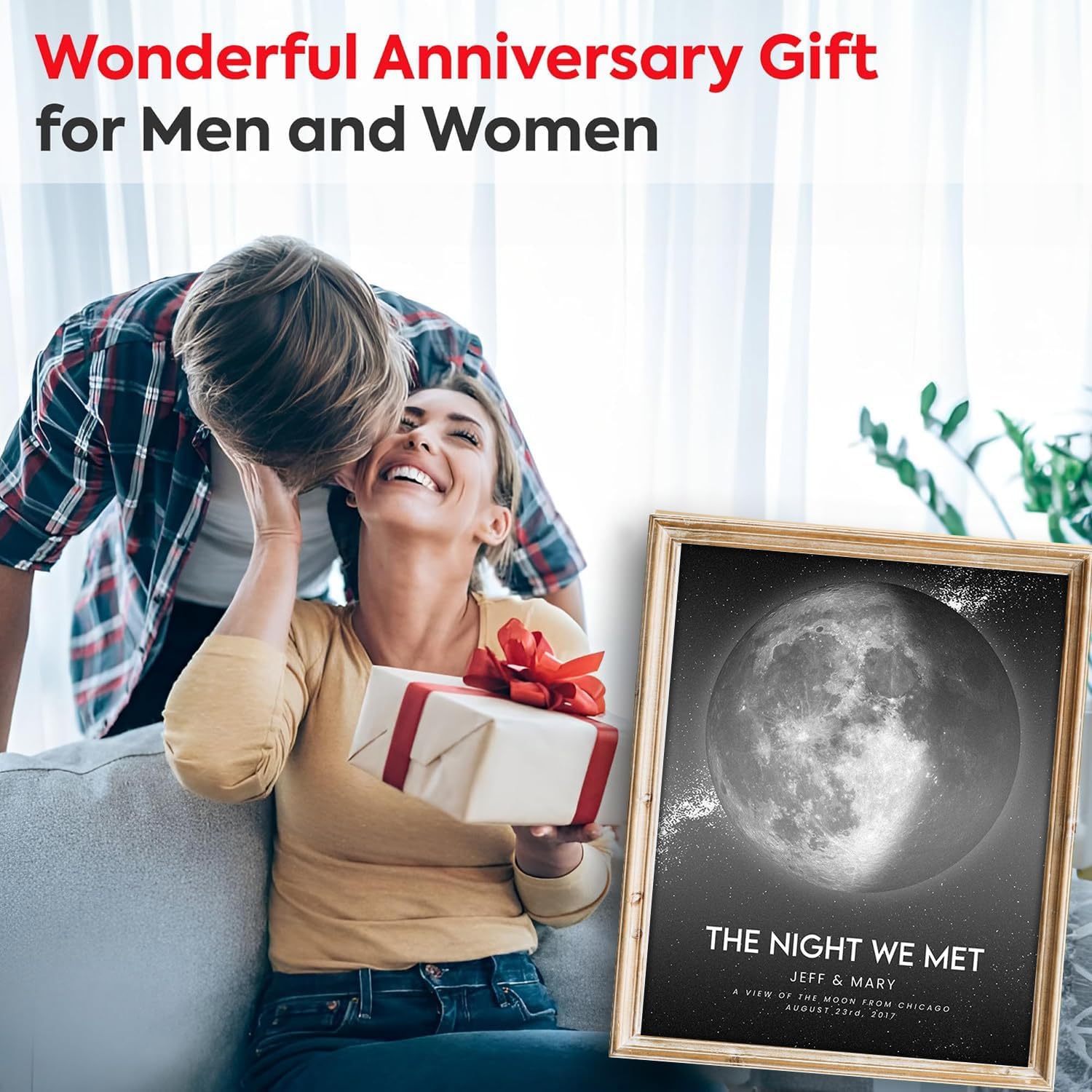 Custom Moon Phase Gift for Specific Date | Romantic Gifts for Her | Gifts for Husband | Personalized Night Sky | Paper Anniversary | (e.g. Wedding, Valentine's Day, Birthday, etc) | Grey with Thin Border & Front Glow - Image 2