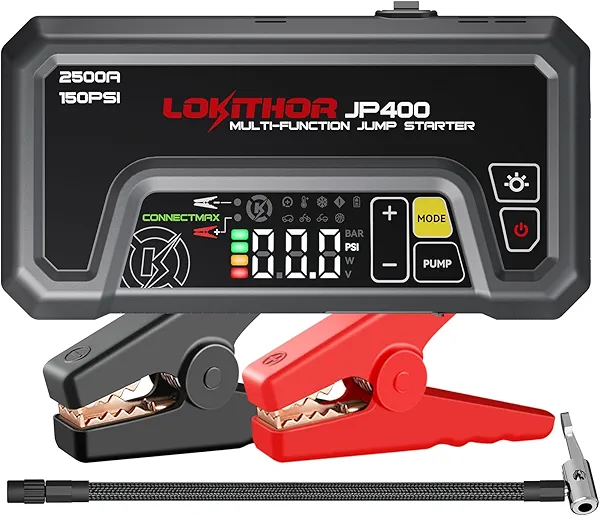 LOKITHOR JP400 Jump Starter with Air Compressor, 2500A 12V Car Battery Jumper Starter Portable for Car (8.5L Gas/6.5L Diesel) with ConnectMax Tech, 150PSI Tire Inflator, Auto-Shutoff & Dynamic Dwell