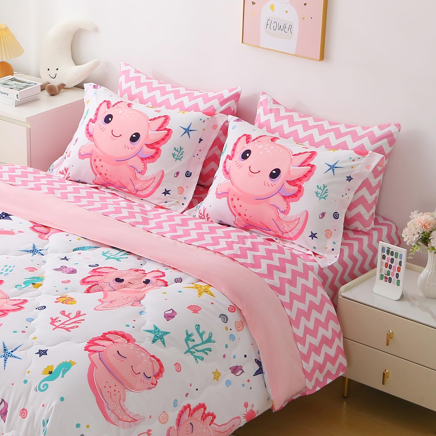 Girls Pink 7 Piece Axolotl Comforter Set for Kids Twin Size Kawaii Axolotl Bedding for Teen 3D Animals Colorful Bed Set (Comforter,Flat Sheet,Fitted Sheet and Pillow Sham) - Image 3
