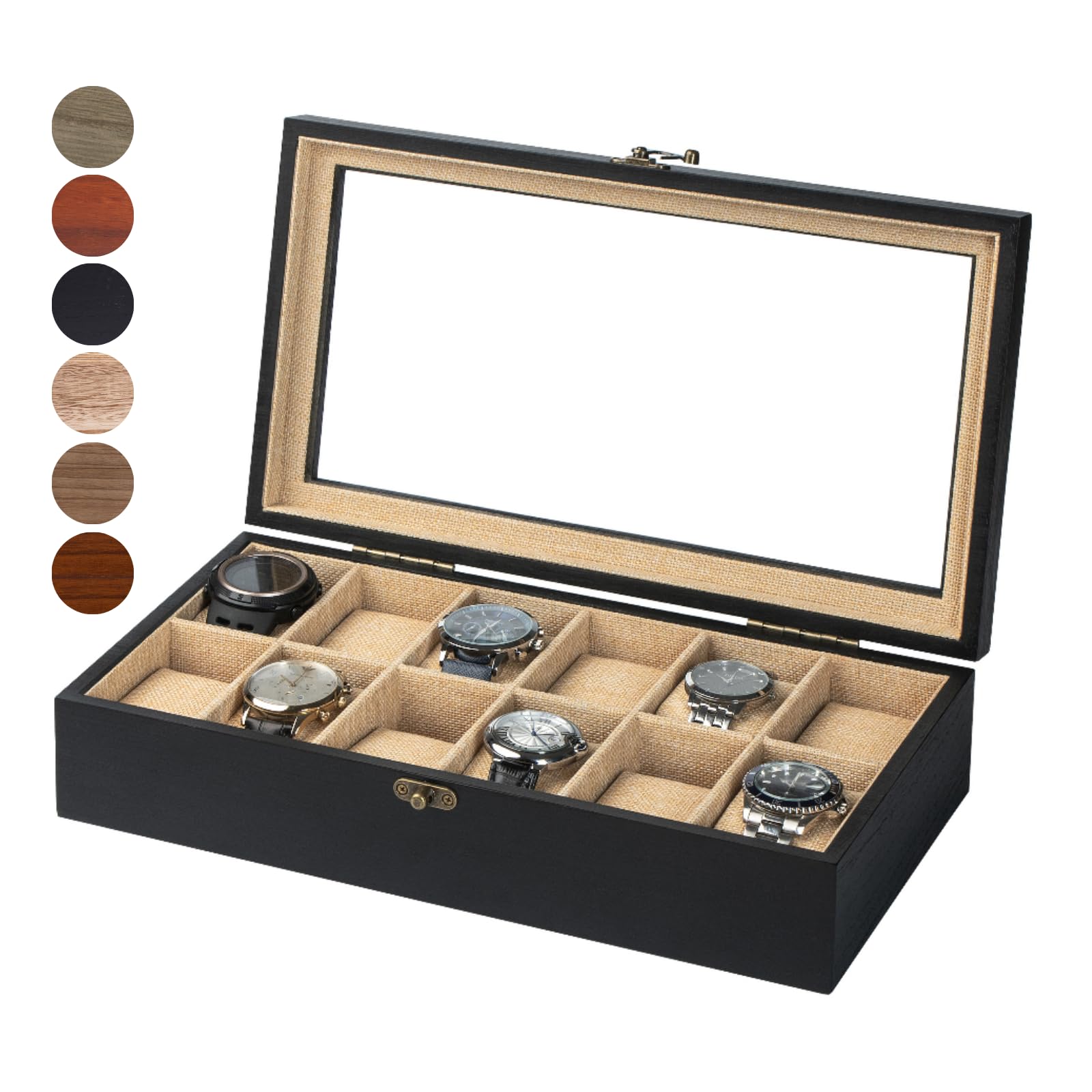 Exper City Watch Box Case, Watch Organizer Upgrade Lock for Men Women Birthday Gift, Wood Watch Display Storage 12 Slots, Black, Mens Watch Box