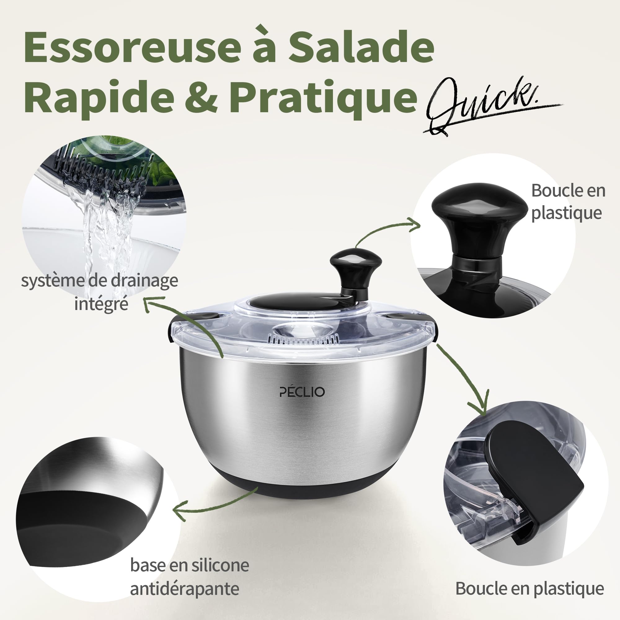 Grande Essoreuse à salade 4,5L en acier inoxydable 18/10 de haute qualité avec couvercle transparent, fond antidérapant - Salad Spinner avec mécanisme à manivelle - Sans BPA et passe au