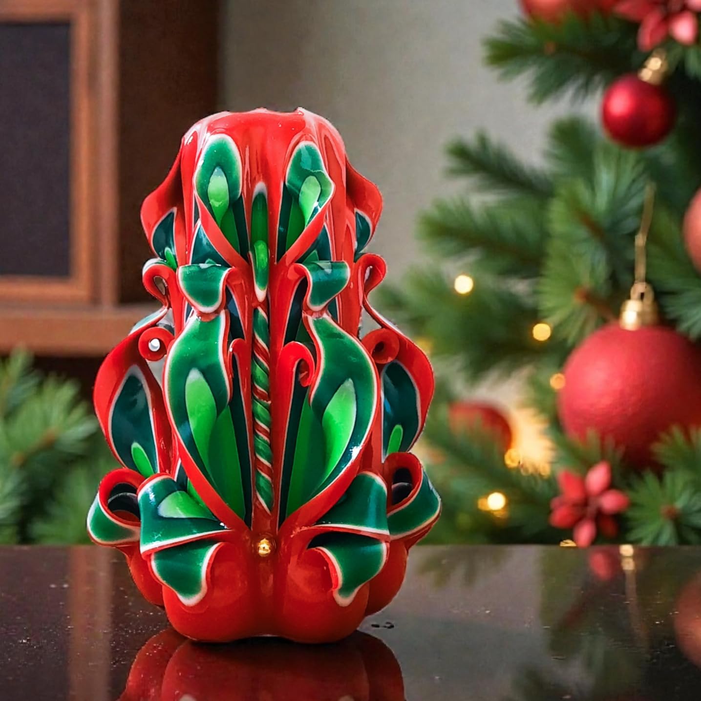 Hand-Carved Christmas Candle – Red & Green Decorative Holiday Piece, Handmade Christmas Gift, 5-Inch Long-Burning Design by NerotCandles