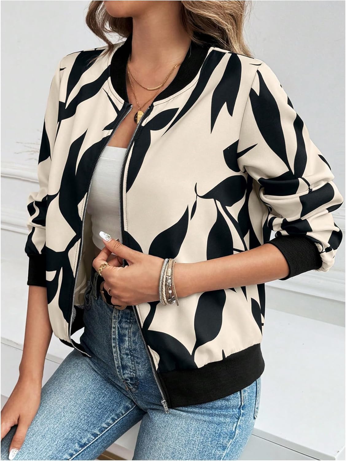 OYOANGLE Women's Graphic Zip Up Bomber Jacket Baseball Collar Long Sleeve Casual Coat Outerwear - Image 4