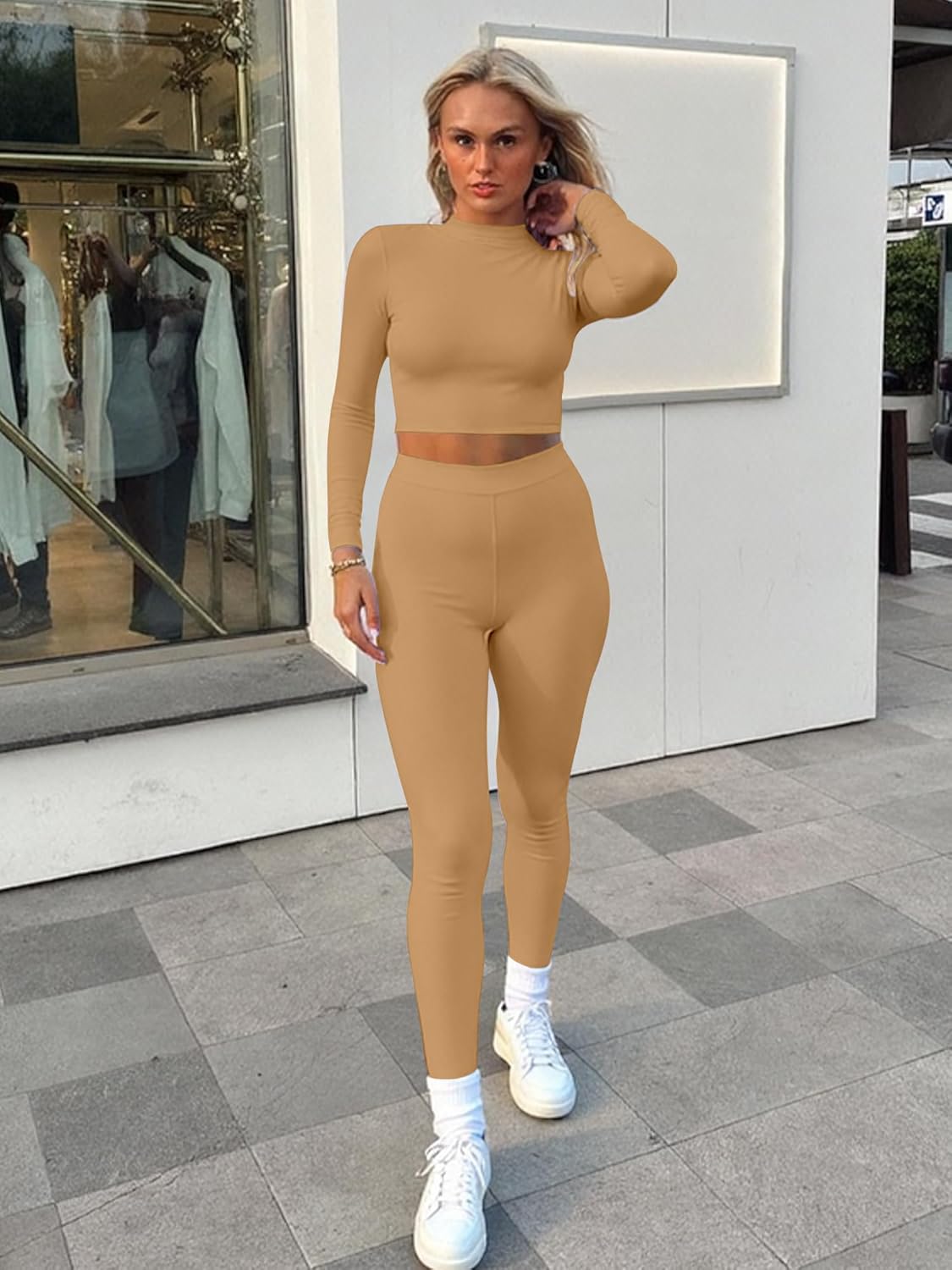 Kaximil Women's Workout Tracksuit 2 Piece Outfits Long Sleeve Crop Top High Waist Legging Pants Set - Image 5