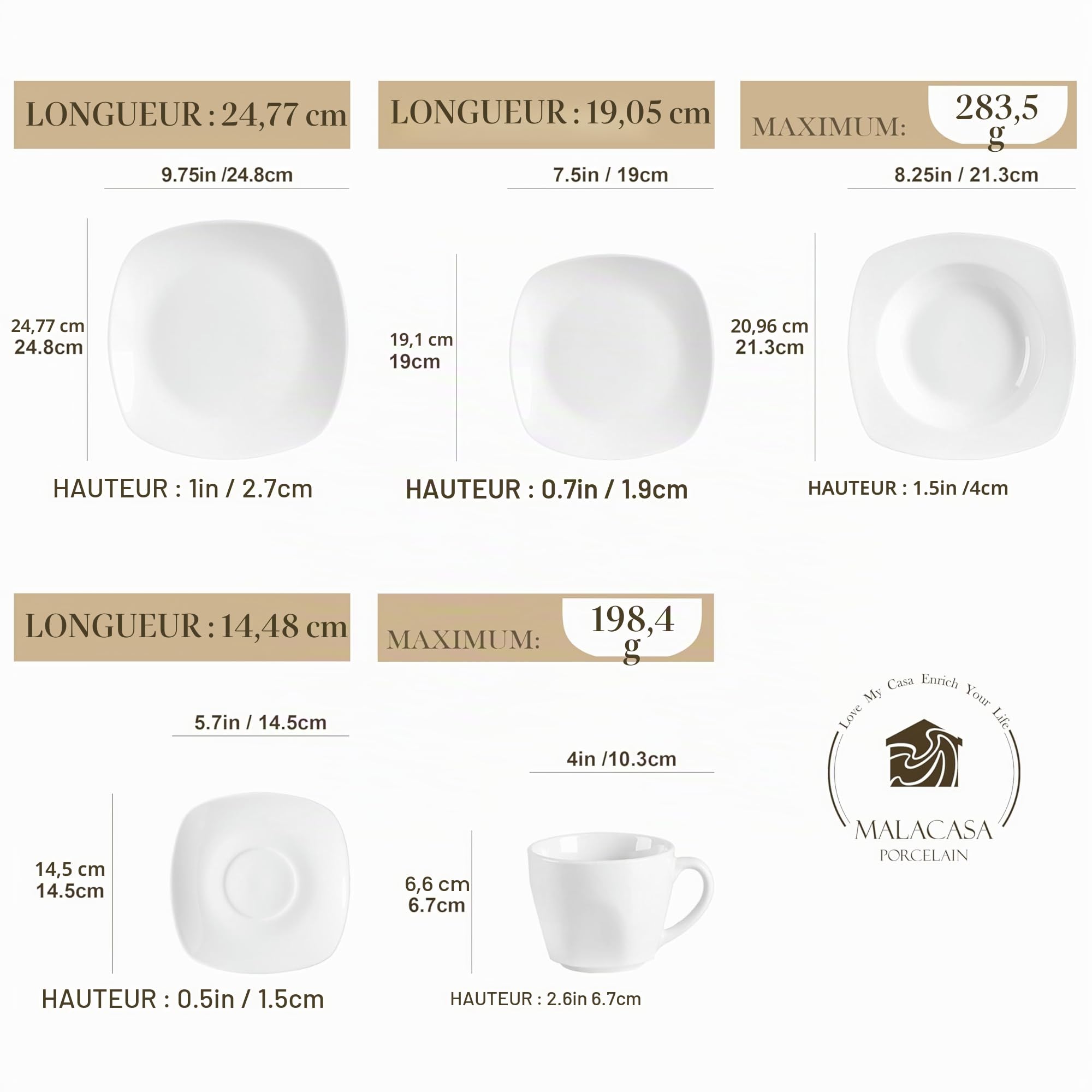 MALACASA Série Elisa, 60 Pcs Service de Table Porcelaine,Services Complets à Dinner, 12 Pcs * [Assiette Plat][Assiette Creuse][Assiette à Dessert][Tasse][Soucoupe]