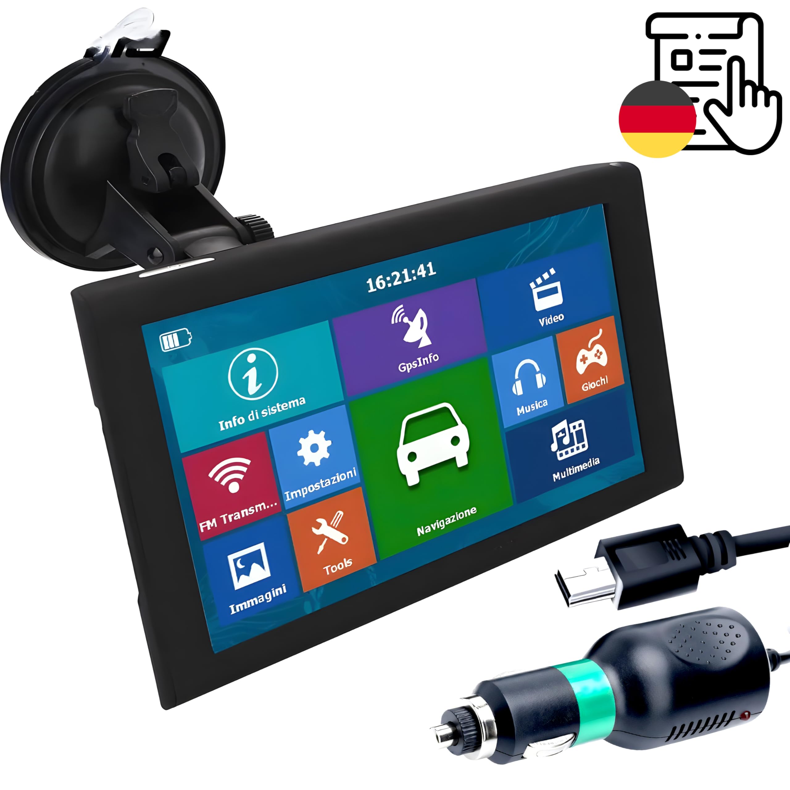 Retoo Navigatore per auto GPS – 9", 8 GB di memoria, Dual Core 800 MHz, CE 6.0, Touch Display Tablet Navigatore, Multimedia (video/musica/foto/giochi), facile da usare, supporto auto incluso