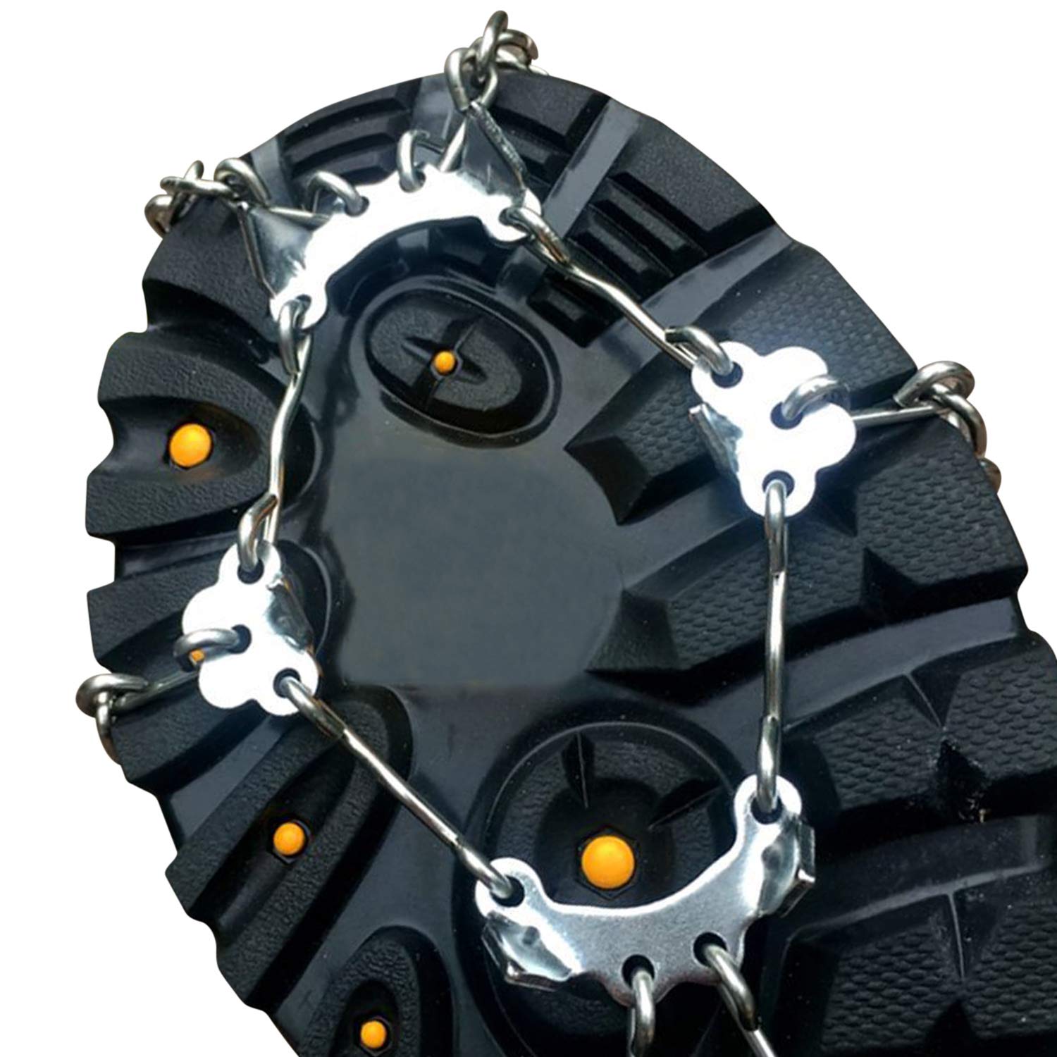 Crampons à 18 dents - Chaîne à neige pour bottes - Crampons pour chaussures de montagne - Noir orange sur glace et neige pour homme et femme (noir, M)