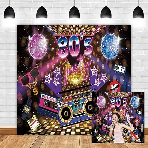 Miniatura 7 de Leyiyi Telón de fondo de fiesta de 10 x 6.5 pies de los años 80 con temática musical para fotografía, estilo retro, fondo de neón de los años 80,