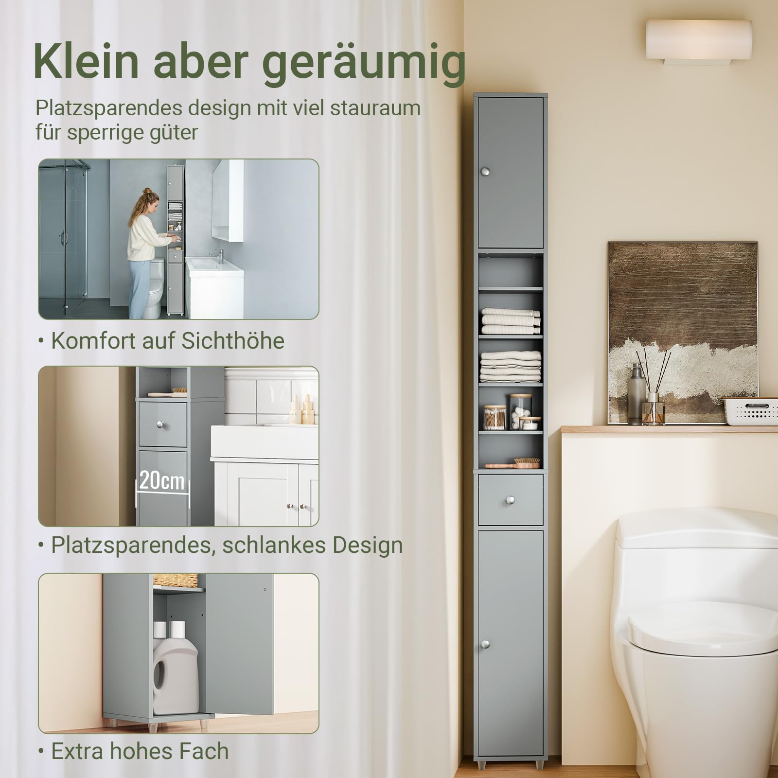 SoBuy Badezimmerschrank Hochschrank Schmal Badschrank für kleine Bäder mit verstellbaren Einlegeböden Platzsparender Badezimmer Schrank für Waschbecken, WC, Waschmaschine 20x20x180cm Grau BZR34-II-HG