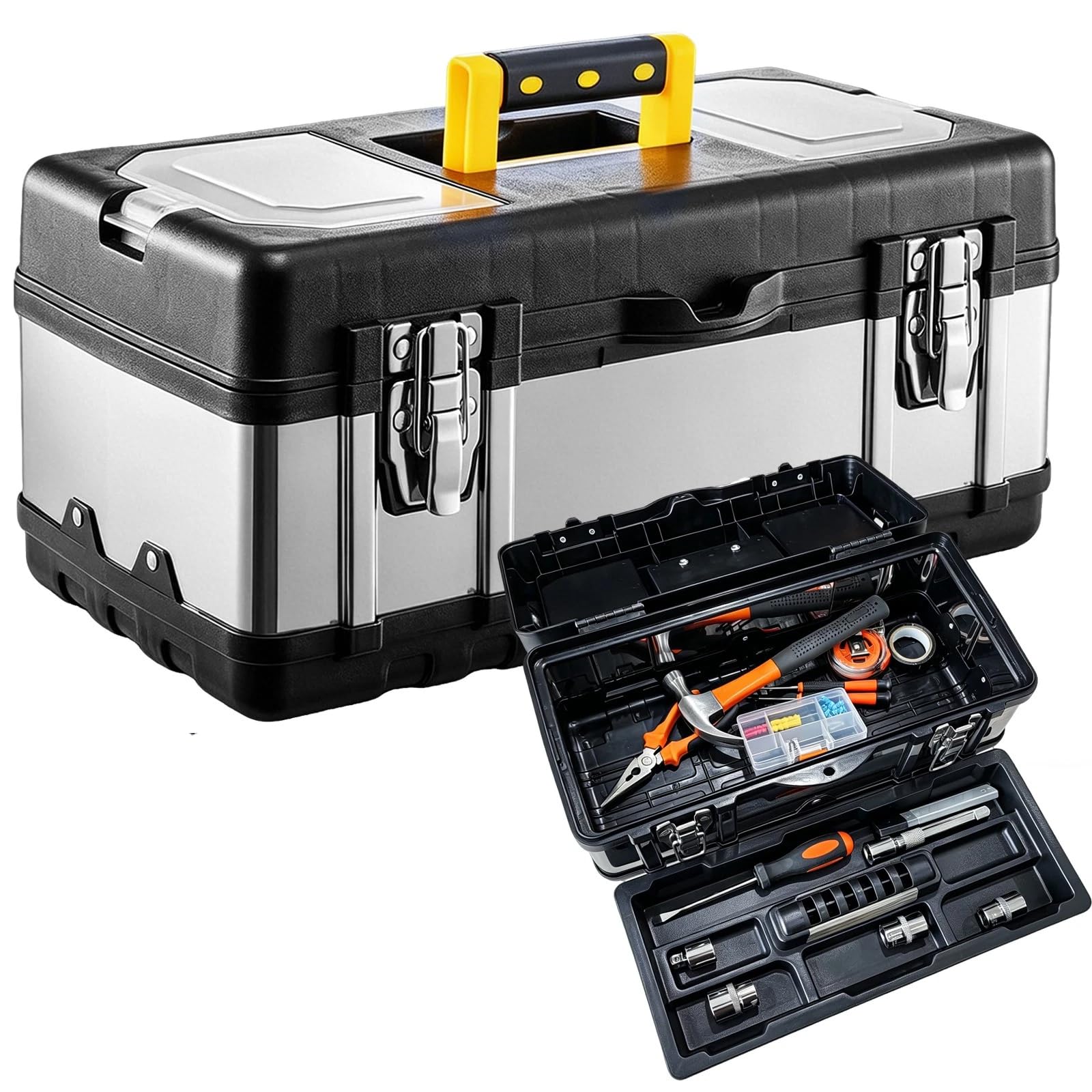17 Inch Empty Metal Tool Box Foldable Portable Tool Storage Case with Carrying Handle, 3-Layer Organizer Tray, Lockable Latches for Garage Auto Repair DIY