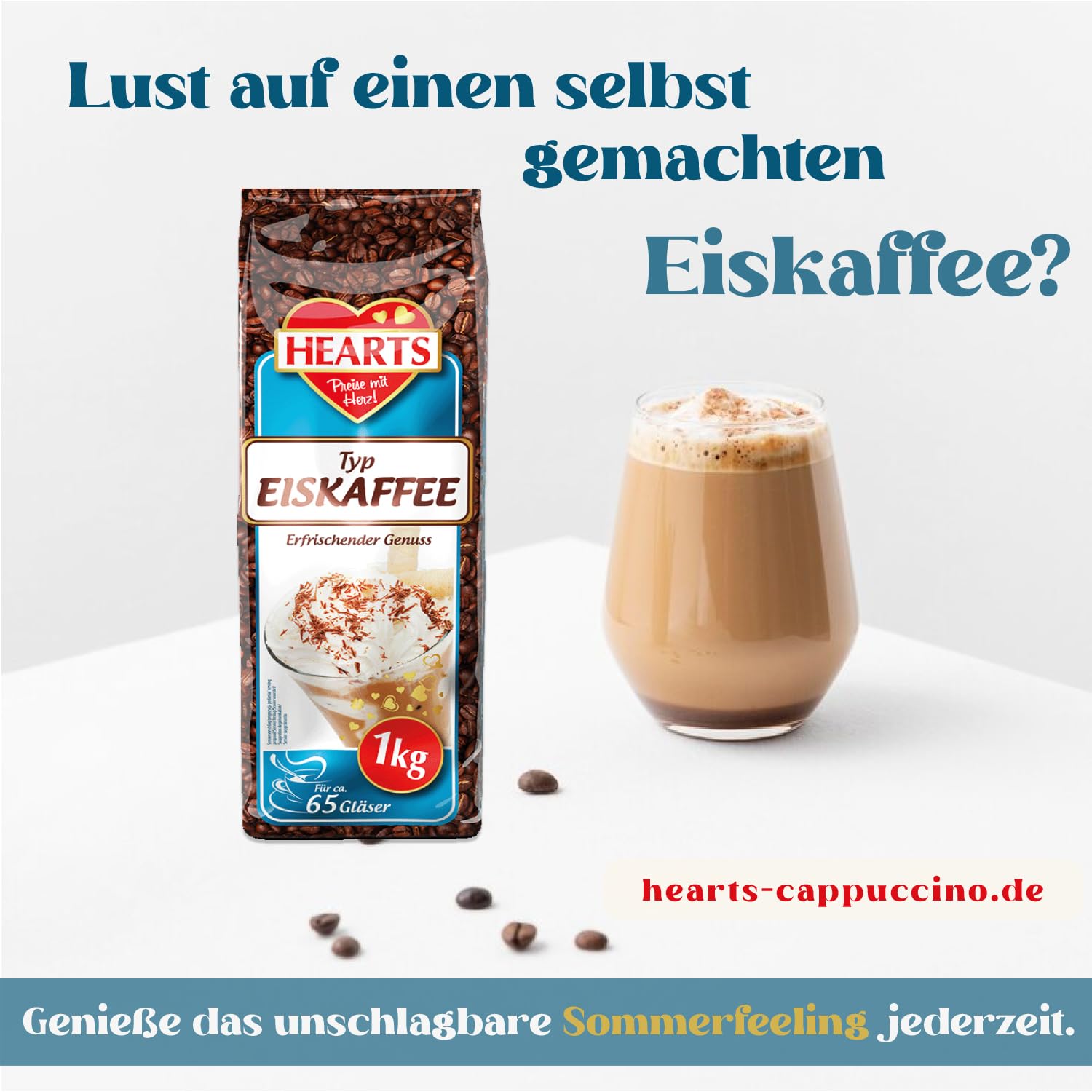 HEARTS kawa mrożona w proszku 20 x 1 kg, korzystne opakowanie idealne dla klientów biznesowych – zmielona kawa na lato, szybkie przygotowanie, Ice Coffee Frappe Art, letni napój z orzeźwiającą