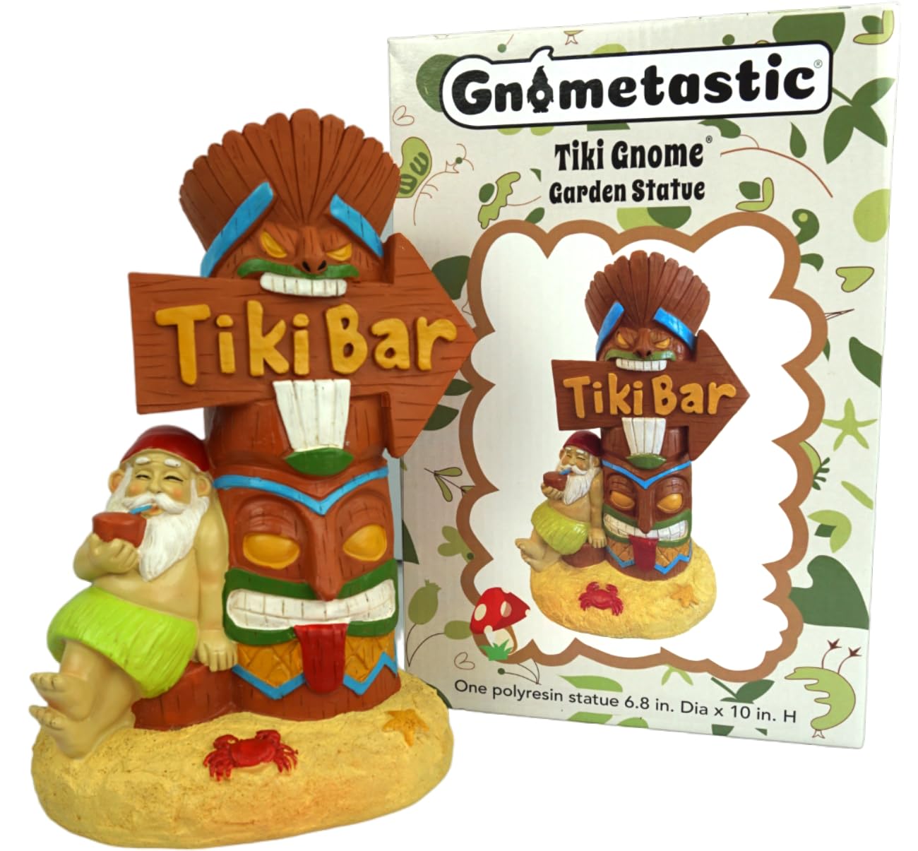 GnometasticGnomes - Tiki Gnome and Totem Pole Garden Statue, 10 in, Funny Garden Gnomes Outdoor Decoration for Yard, Patio, Lawn Ornaments, Tiki Bar Decor