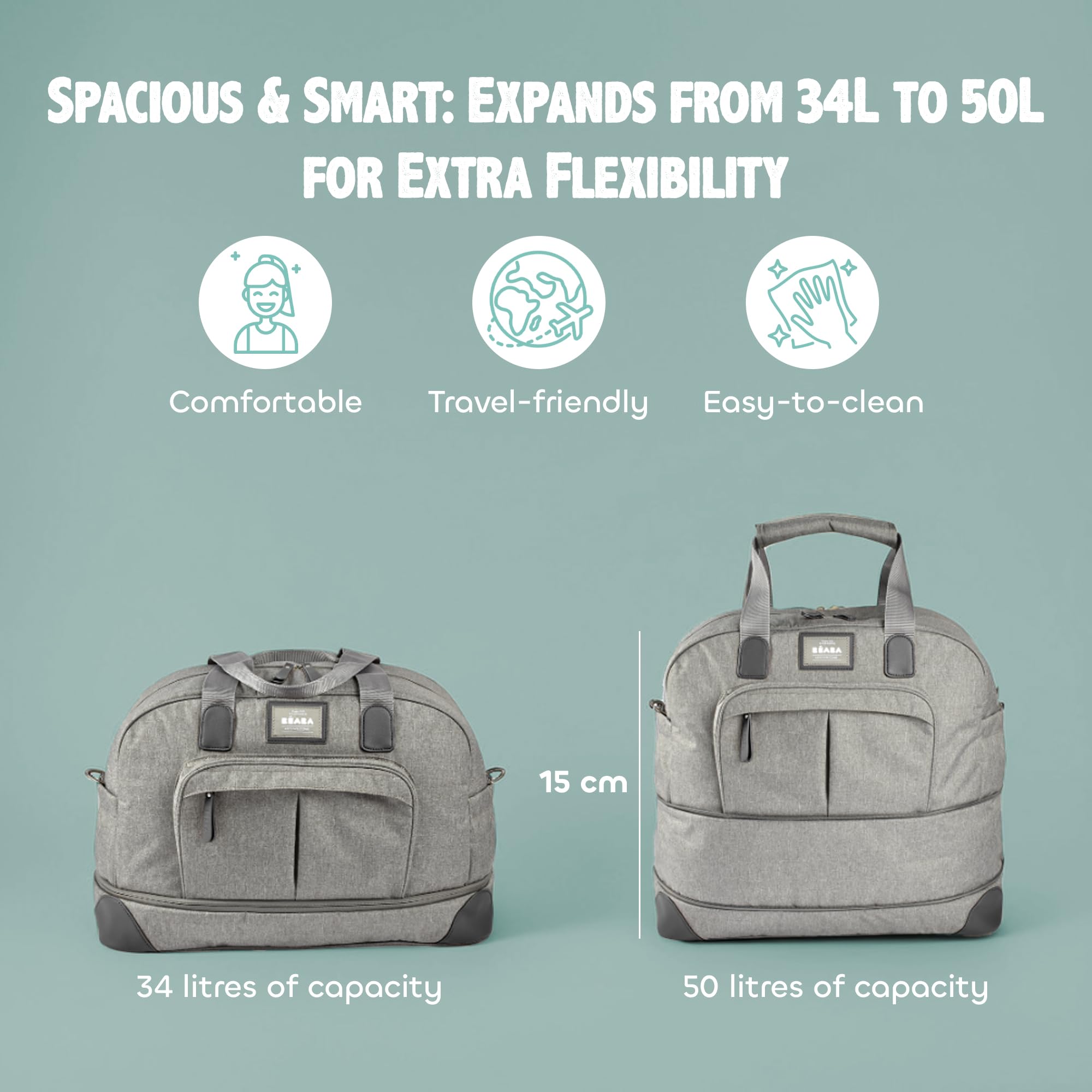 BÉABA, Sac à Langer Amsterdam II, Sac Voyage XXL 50L, Bandoulières Amovibles, Trousse de Toilettes, Matelas à Langer, Sac à Linge Sale, Multiples rangements, Gris Chiné