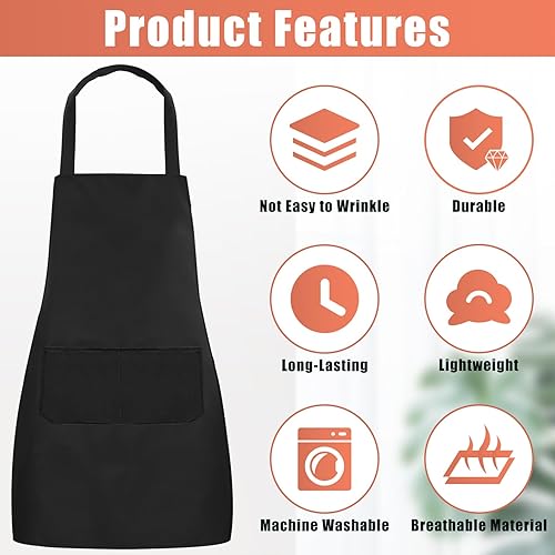 Miniatura 6 de Paquete de 12 delantales con peto, delantales negros a granel, delantales unisex lisos con 2 bolsillos, delantal negro lavable a máquina para