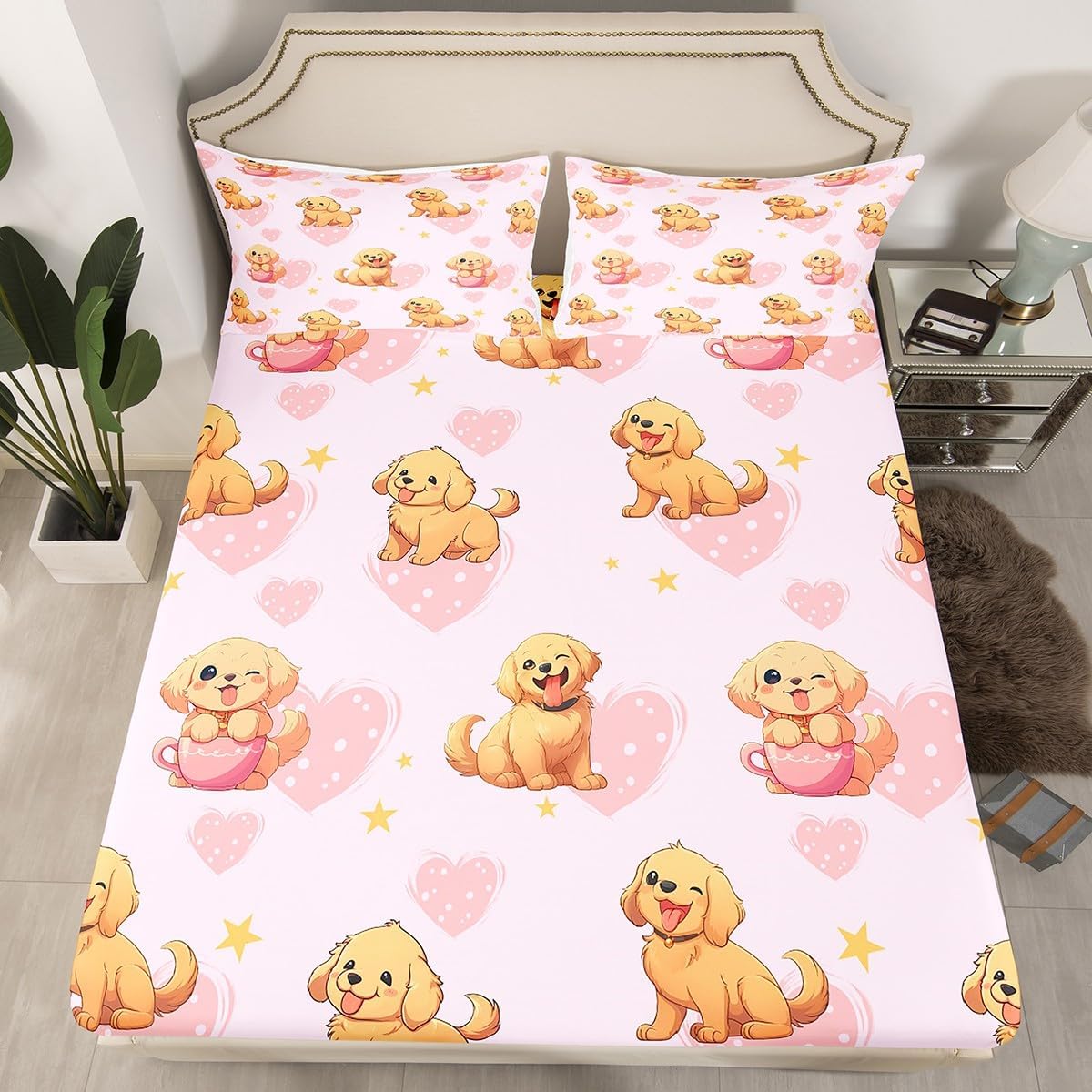 Erosebridal Puppy Dog Bed Sheets Set Queen,Golden Retriever Sheet Set for Kids Boys Girls,Cartoon Dogs Sheets,Watercolor Pink Flat Fitted Sheet with 2 Pillowcases,Deep Pockets