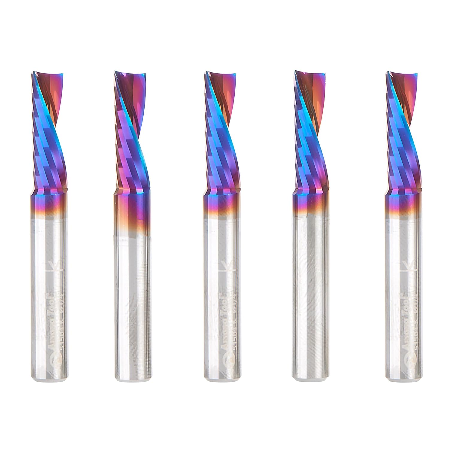 Amana Tool 51504-K-5 5-Pack CNC Spektra Coated SC Spiral O Single Flute Plastic Cutting 1/4 D x 3/4 CH x 1/4 SHK x 2 Inch Long Down-Cut Router Bits with Mirror Finish