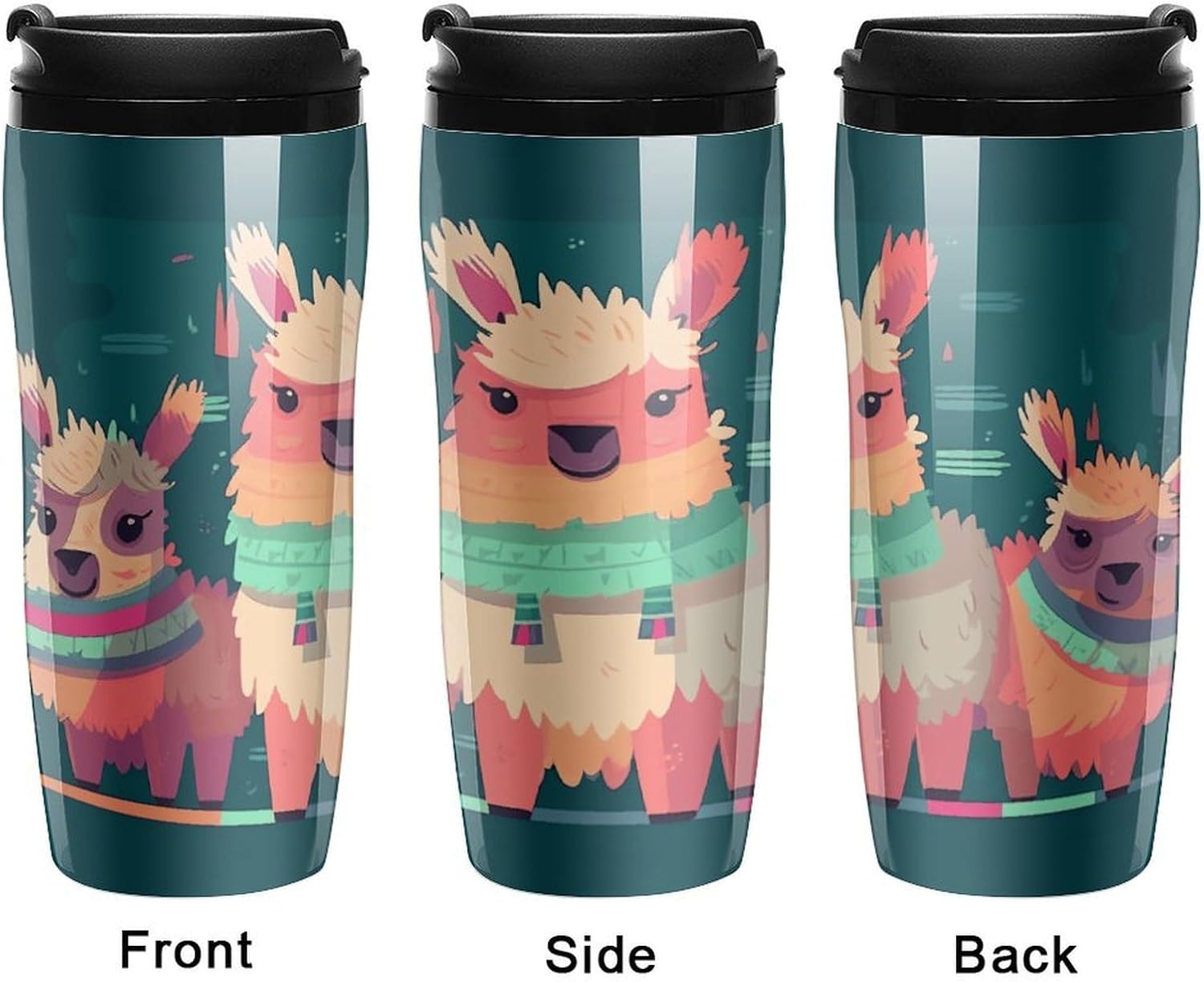 Cute Llama Cartoon Coffee Cup Reusable Portable Water Bottle with Double-Walled Plastic,Coffee Mug for Hot & Cold Drinks, Cup Holder Friendly 350ml