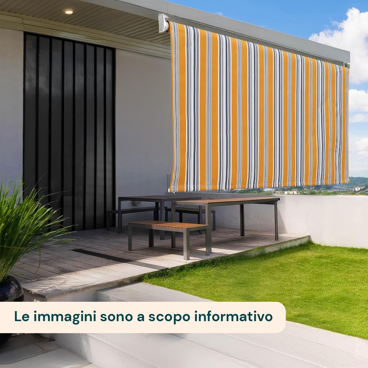 Tenda da Sole a Caduta 150x250 cm con Rullo in Alluminio, Parasole Esterno a Righe Gialle, Attacco Soffitto Incluso