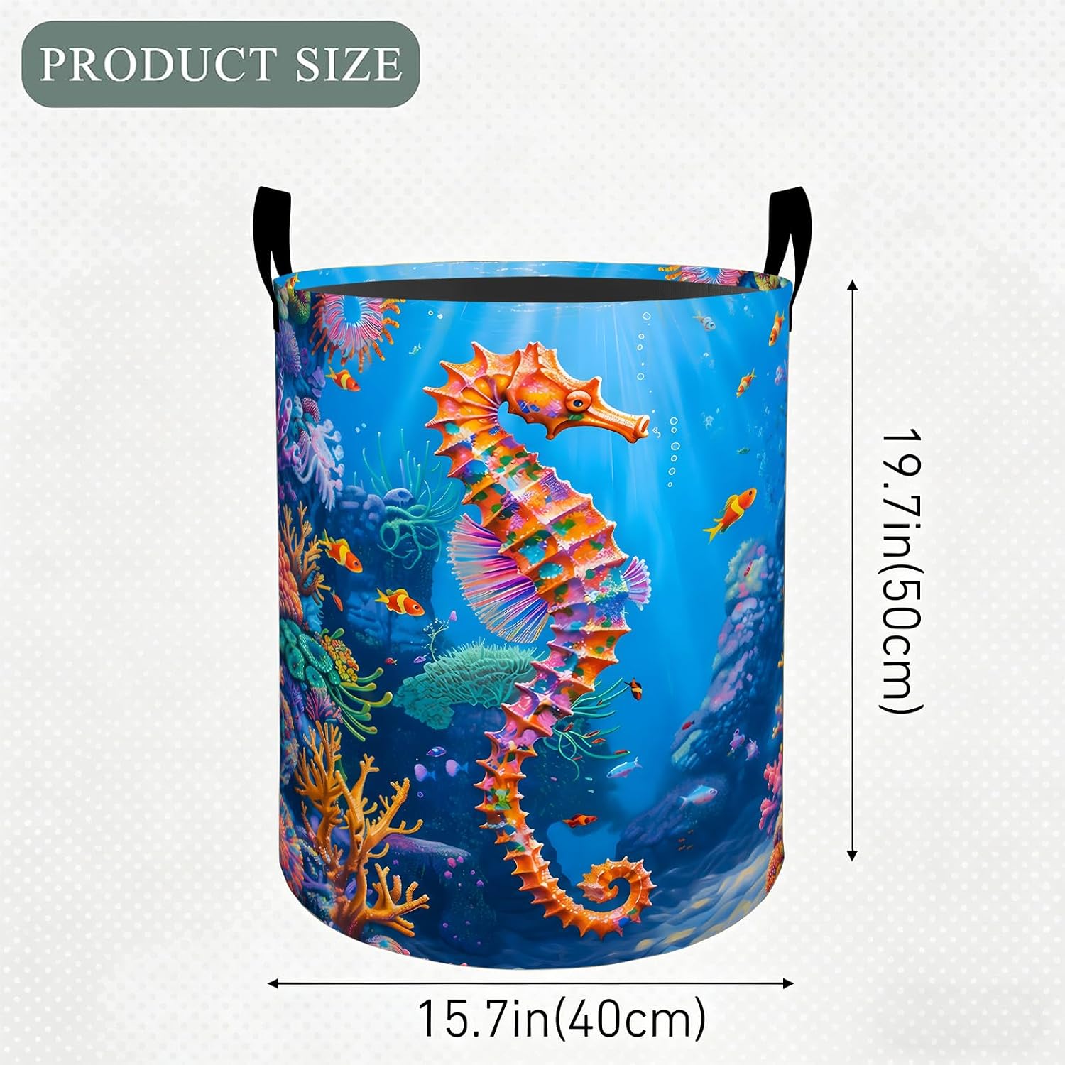 Seahorse Ocean Laundry Basket Hamper, Organizer Bins Gifts for Women Kids, Coastal Sea Animal Foldable Waterproof Clothes Hamper Handles Storage Bucket for Bedroom Bathroom Room Decor 19.7"x15.7" image 2