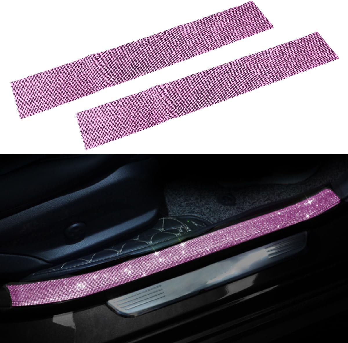 2PCS Car Door Edge Entry Guard, Bling Rhinestone Car Anti-Collision Adhesive Sticker Strip, Door Sill Strip for Rear Bumper Car SUV, Threshold Protective Stickers for Women (White)