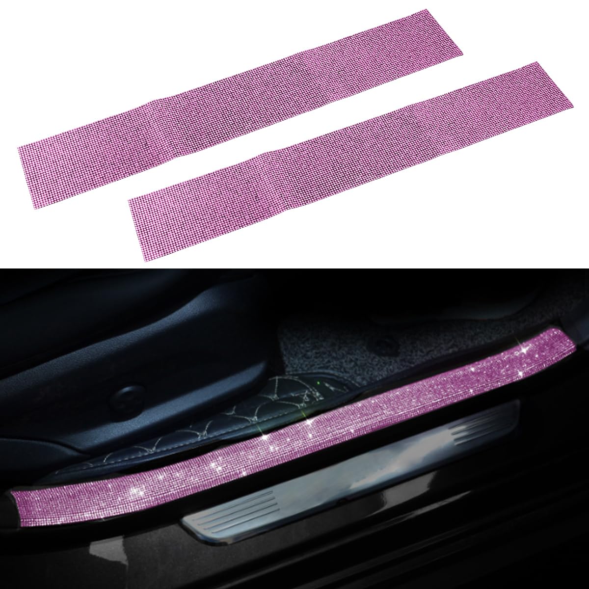 2PCS Car Door Edge Entry Guard, Bling Rhinestone Car Anti-Collision Adhesive Sticker Strip, Door Sill Strip for Rear Bumper Car SUV, Threshold Protective Stickers for Women (Pink)