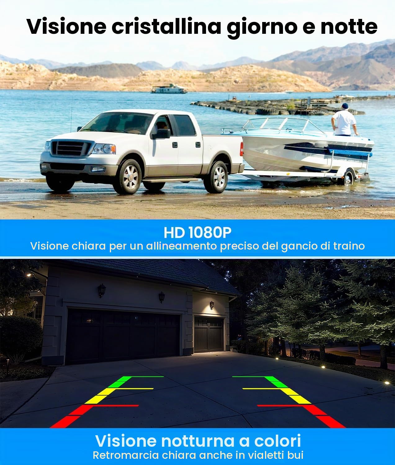 AUTO-VOX Telecamera di retromarcia wireless a energia solare, 18,2 cm, HD 1080P, installazione rapida in 2 minuti, kit telecamera inversa con schermo diviso per auto, furgoni, SUV, camion e camper