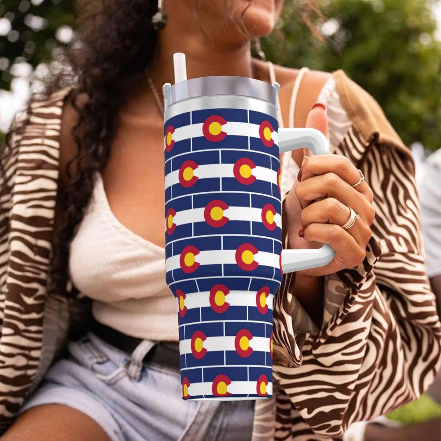 40 OZ Colorado state flag Print Ice Bully Cup with Handle Straw Lid Straw,Stainless Steel Tumbler Coffee Cup