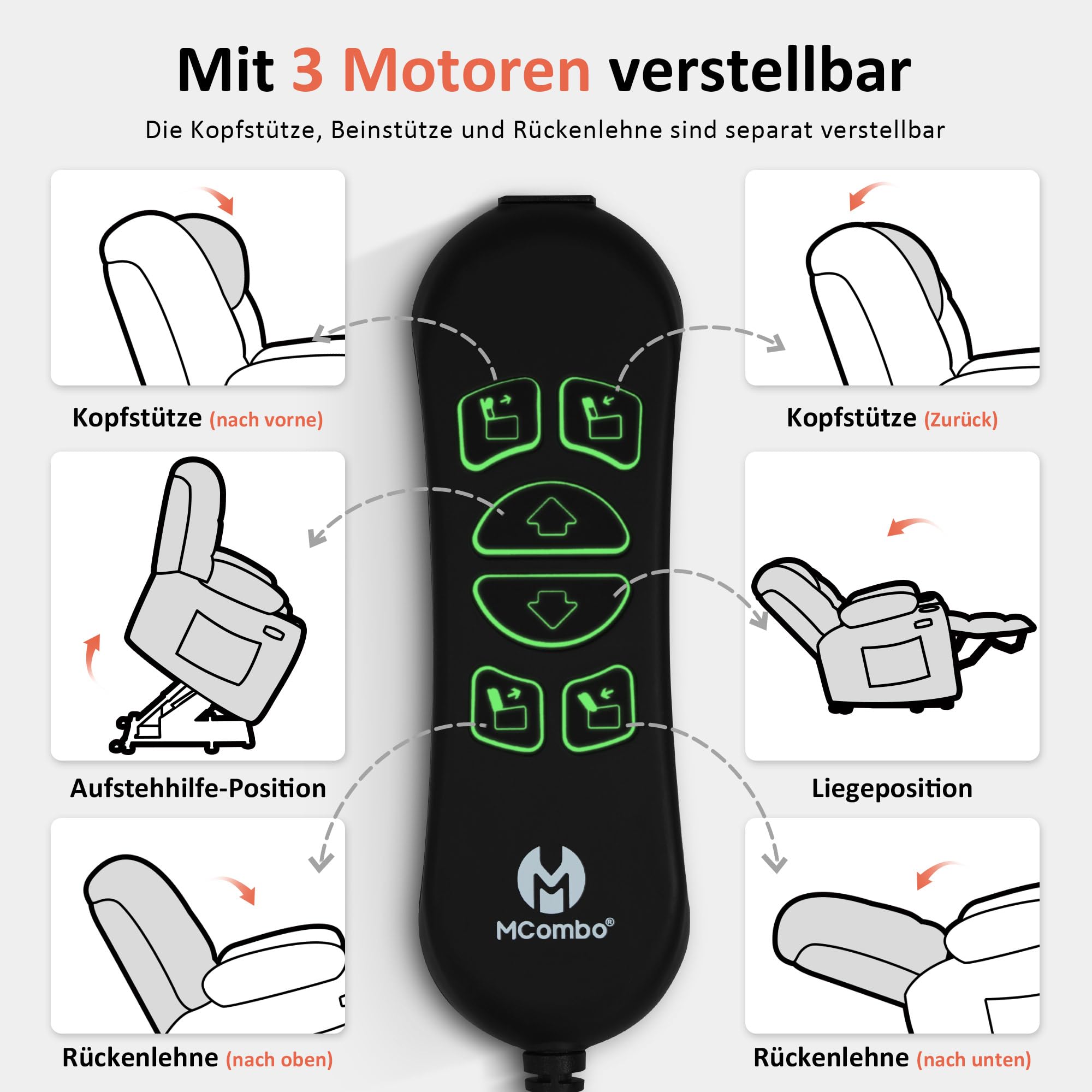 MCombo M poltrona elettrica con 3 motori, schienale e poggiapiedi regolabili, funzione di relax e reclinazione fino a 170°, Testa regolabile 7550 (Grigio)