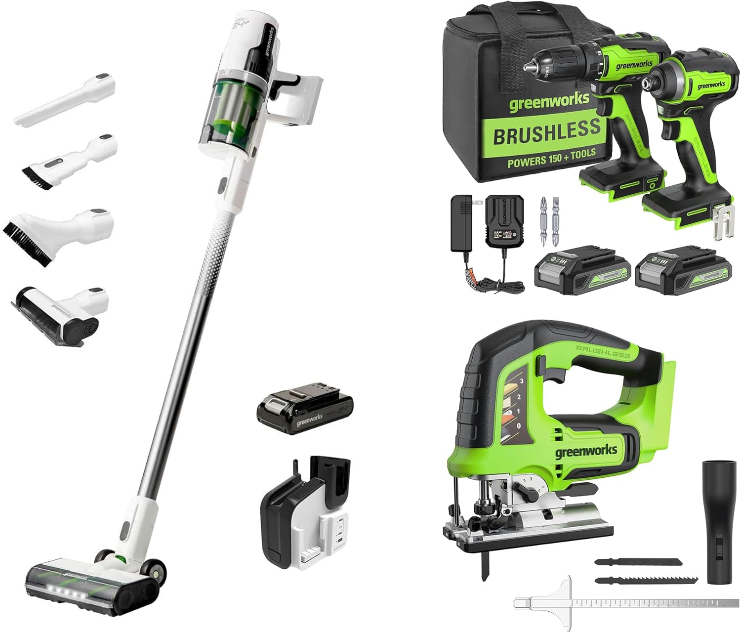 Greenworks 24V Home Tool Bundle: Drill/Impact Combo, Jig Saw & Stick Vacuum | 2.0Ah Batteries, LED Lights, Tool-Free Changes | All-in-One for Furniture, Cutting & Cleaning