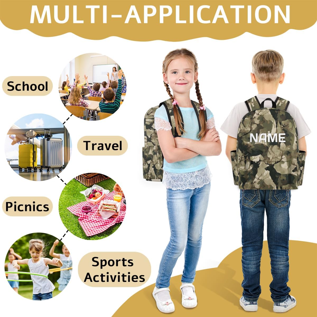 Camouflage Military Customized Kids Backpack for Boys Girls Deer Animal Personalized Preschool Toddler Backpack Kindergarten Nursery Bookbag Travel Children School Bag