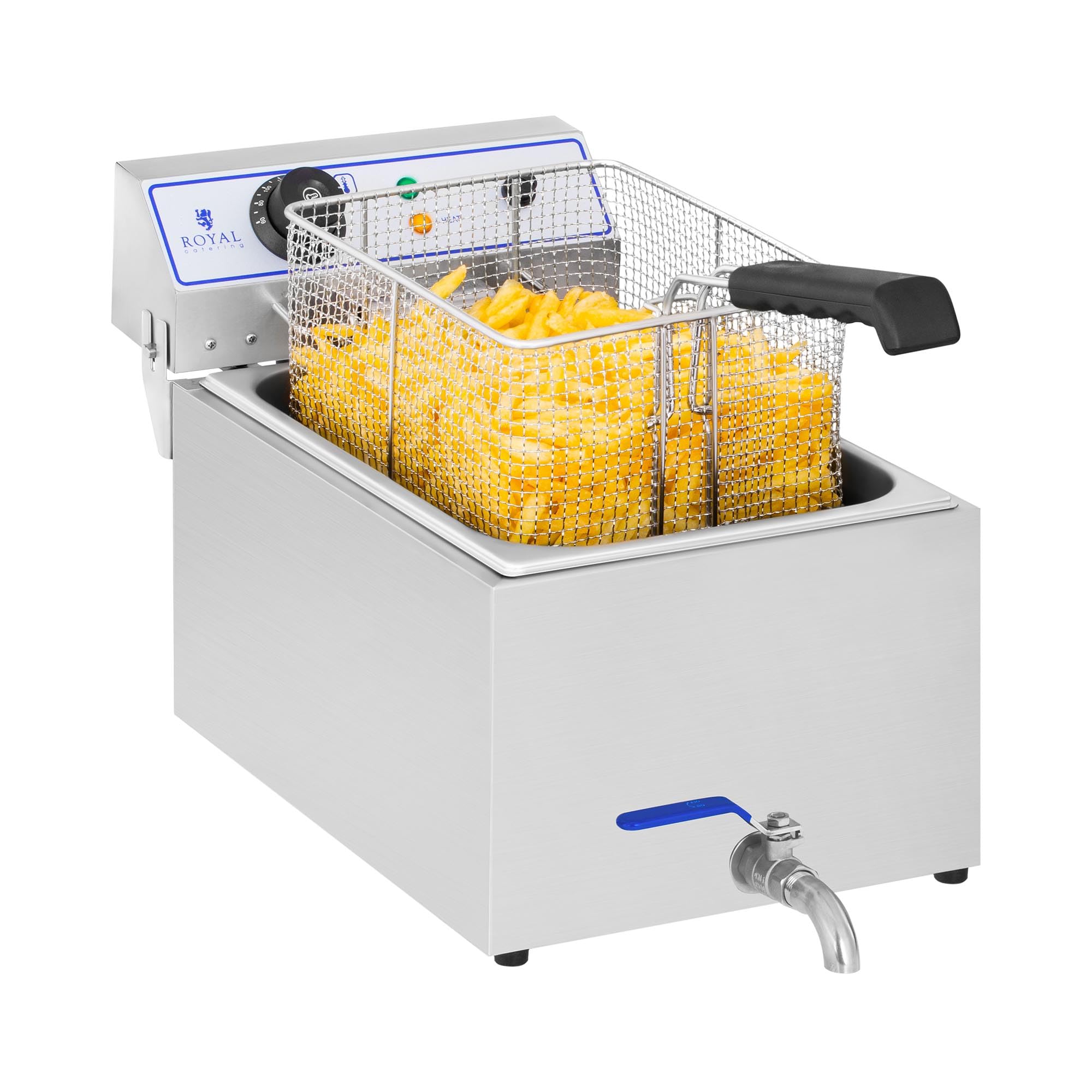 Royal Catering Freidora Electrica Profesional RCEF 15E (17 L, 3.000 W, Termostato, Rango de temperatura 60-200 °C, Grifo de vaciado, Acero inoxidable)