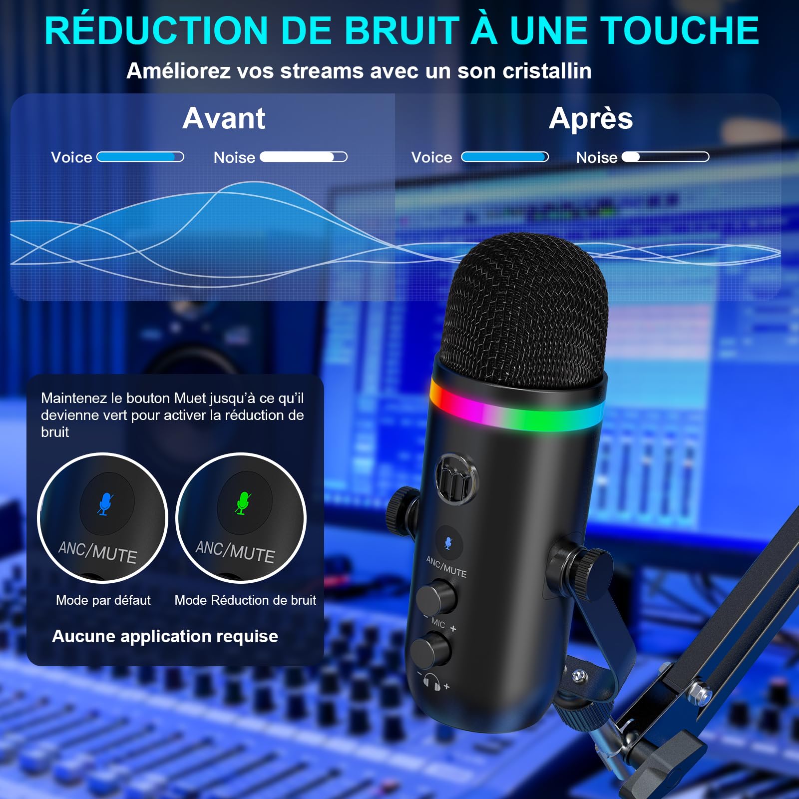 zealsound RGB Micro Gaming avec Bras, et Réduction de Bruit pour PC Telephone PS4/5, USB Microphone à Condensateur pour Podcast, Streaming, Twitch, Youtube, Discord, aevc Bouton de Silence et Gain