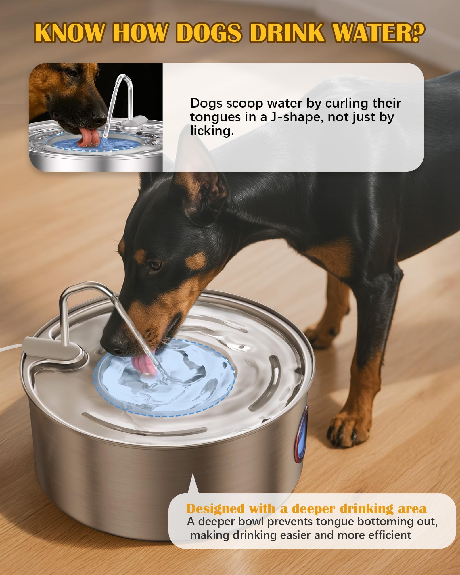 puppyspout Fuente de agua para perros grandes, dispensador automático de cuencos de agua para perros de acero inoxidable de 8 L, con bomba ultrasilenciosa/filtración cuádruple para perros, gatos