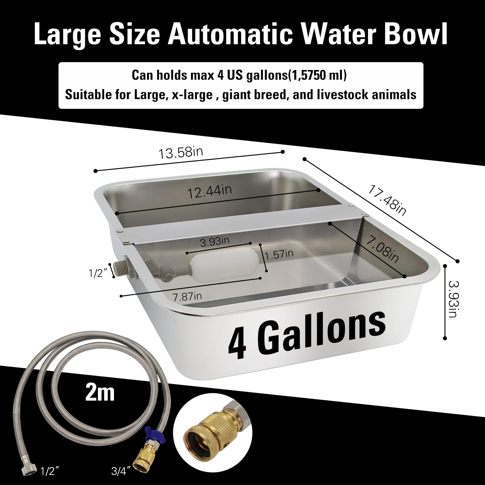Dispensador automático de cuenco de agua de 4 galones para perros, comedero de agua de acero inoxidable de gran tamaño para aves de corral y ganado para animales al aire libre, incluye manguera de