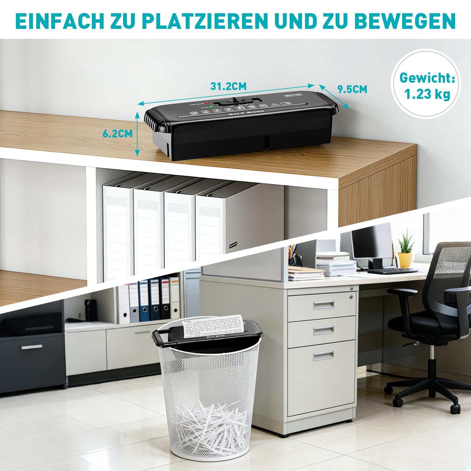 Aktenvernichter Streifenschnitt, 6 Blatt Kapazität, Kreditkarten Zerkleinerung, Überhitzungsschutz,Korb-frei Design, Sicherheitsstufe P-2 für Heim- und Büroeinsatz,Aktenvernichter mit ausziehbarem Arm