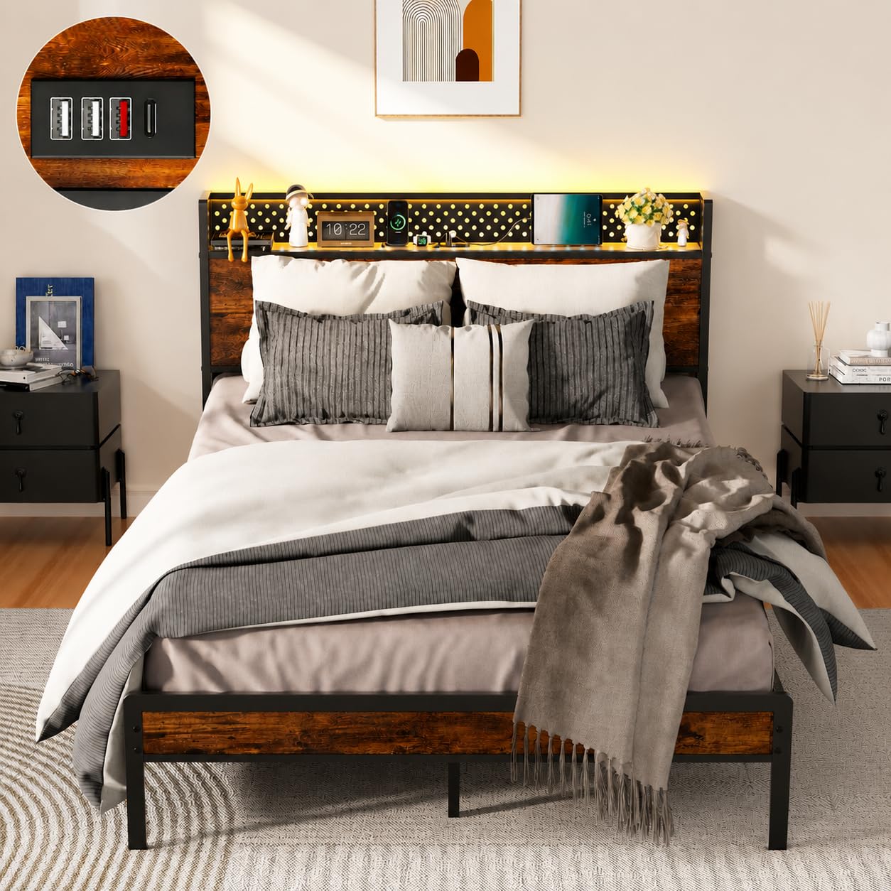 KUTAS 5ft King Size Bed Frame, 150 x 200 cm, with LED Lights & Charging Station, Heavy Duty Metal Bed with Storage Headboard, Noise Free, Easy Assembly, Under-Bed Storage, No Box Spring Needed, Brown