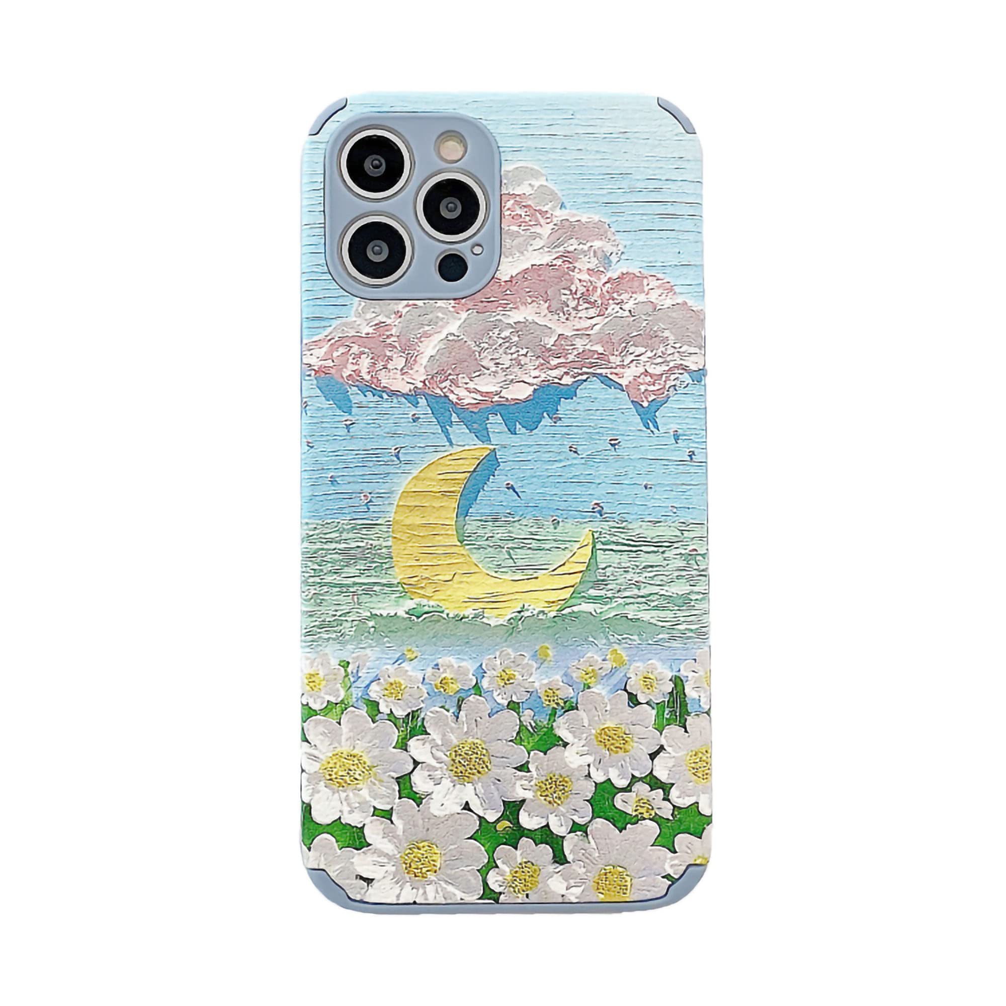 iPhone 13 pro Max case, Crescent Moon Floral Mountain Pattern Phone Cases for iPhone 13 pro max,Reinforced Corners