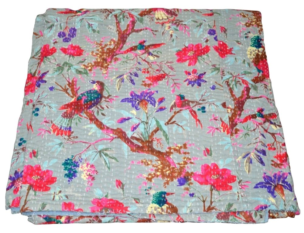 V Vedant Designs Indian Bird Print Handmade Cotton Kantha Quilt Twin Bedspreads Kantha Throw Bedding Balnket Quilt (90x60 Inch) (Gray Bird Print, Twin)
