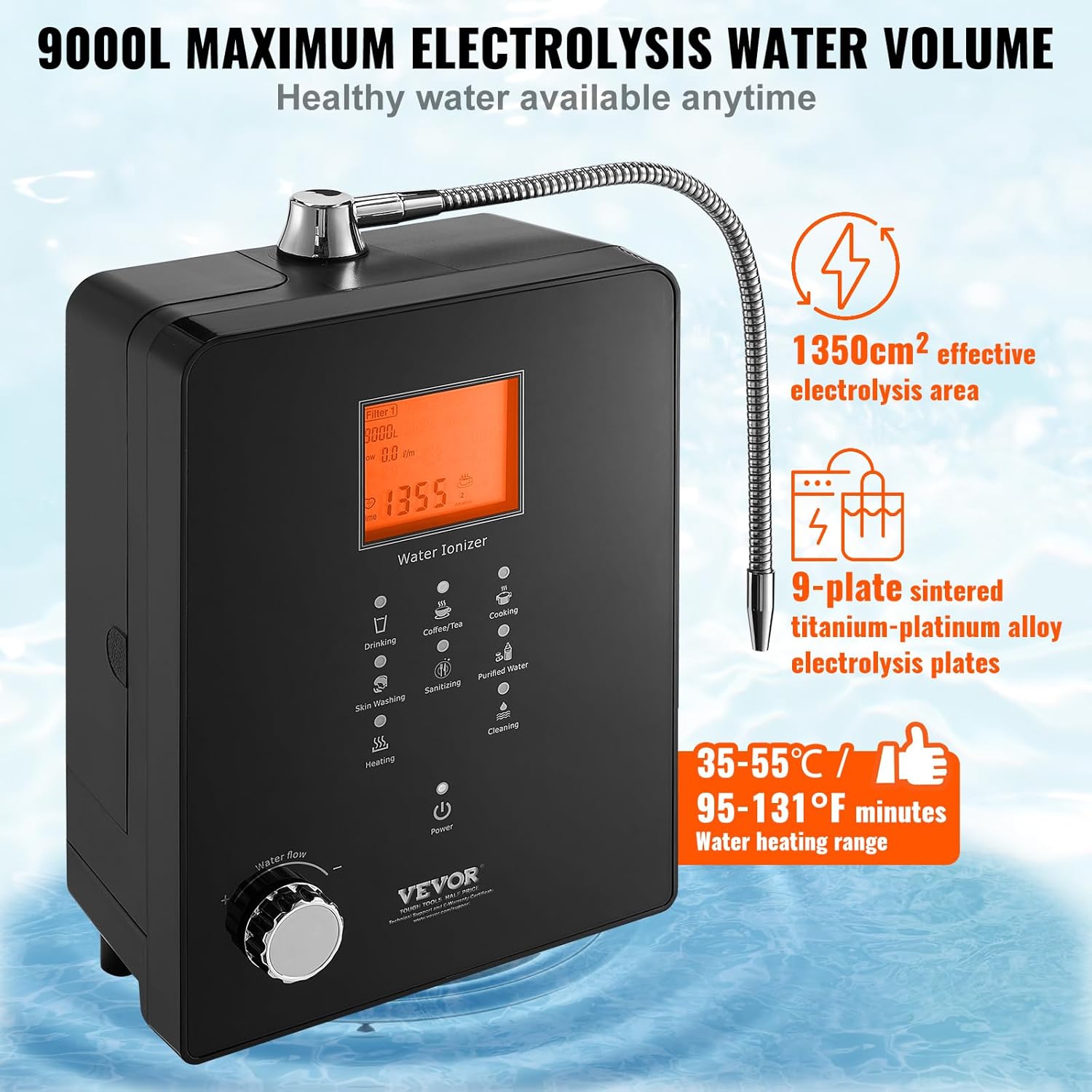 VEVOR Water Ionizer Machine highlighting 9000L filter volume, 9-plate electrolysis, and water heating range