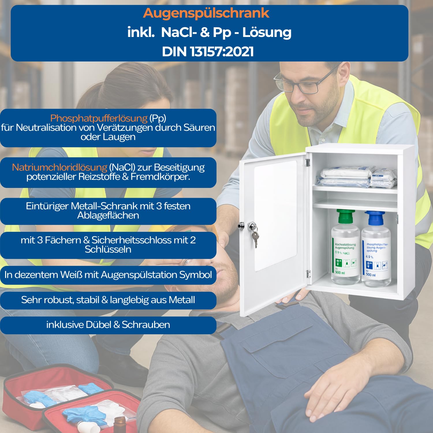 First Aid Products Erste Hilfe Augenspülschrank mit Sichtfenster, 2x Augendusche 500ml: Natriumchlorid- & Phosphatpuffer Lösung & Erste Hilfe Nachfüllset DIN 13157:2021, Metall & pulverbeschichtet