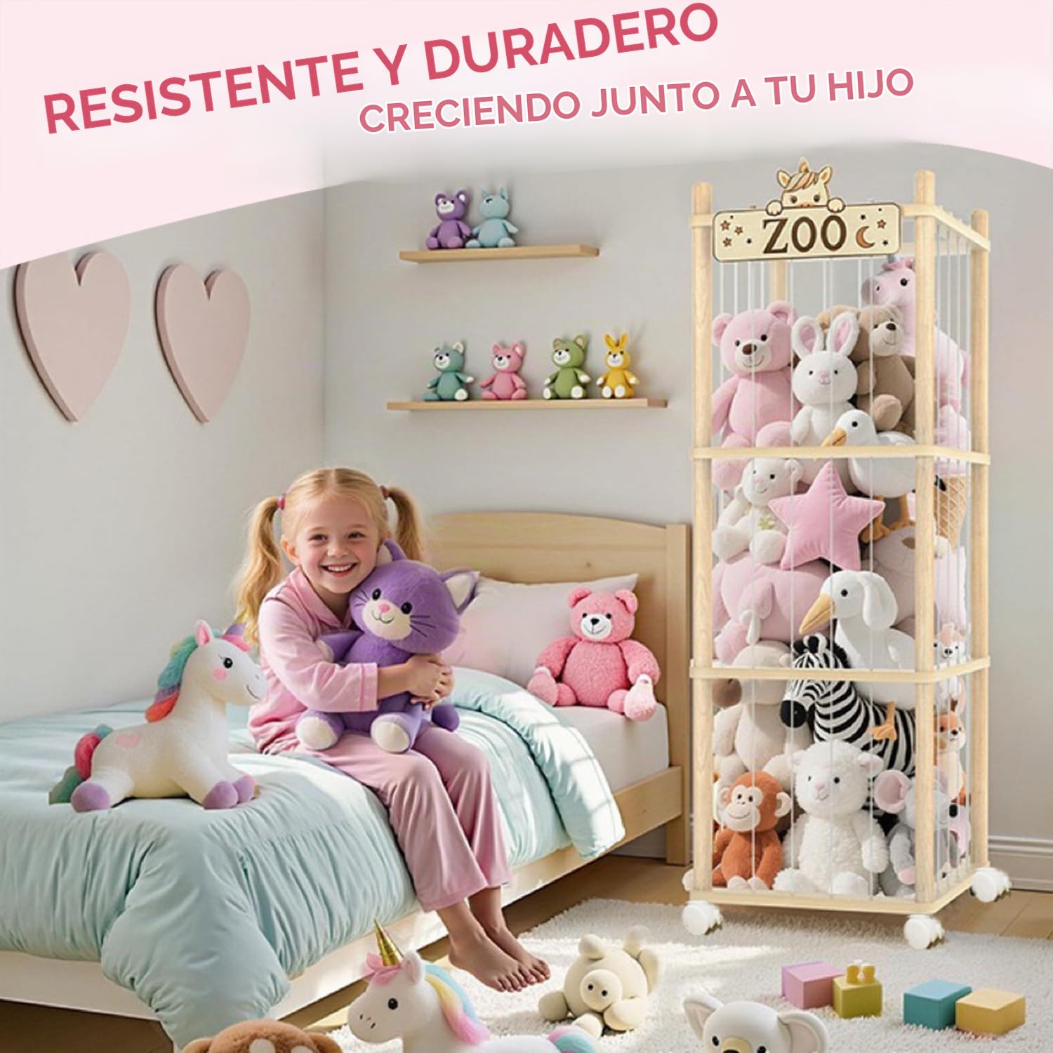 Organizador Peluches En Madera,Organizador Peluches,Guarda Con Reudas a 360°y Frenos,Ahorro De Espacio,Gran Capacidad,Portaositos De Peluche Para Habitaciones Infantiles,Salas De Juegos,Etc.