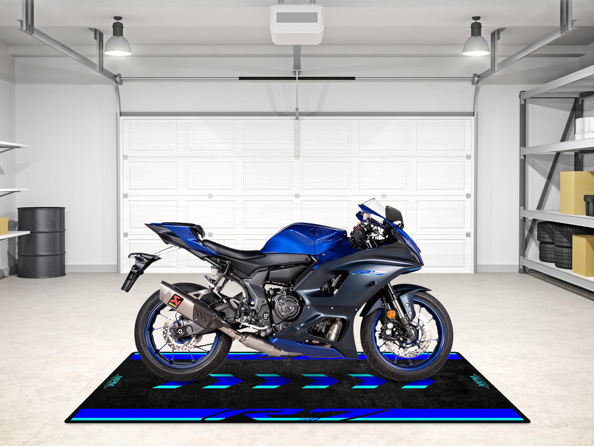 Tappetino per Moto MPM per R7 – Tappetino per parcheggio Lavabile Antiscivolo, Resistente all'olio e all'Acqua, per Garage, showroo | Icona Blu - Dimensioni 1: 86.6 x 39.4/220 x 100 cm