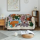 AMWAN Beige Couch Cover with Colorful Floral Pattern, Universal Cotton Couch Cover, Soft Durable Sofa-Bed Cover Multifunctional Furniture Cover,Sectional Couch Cover with Tassel 71'x150'
