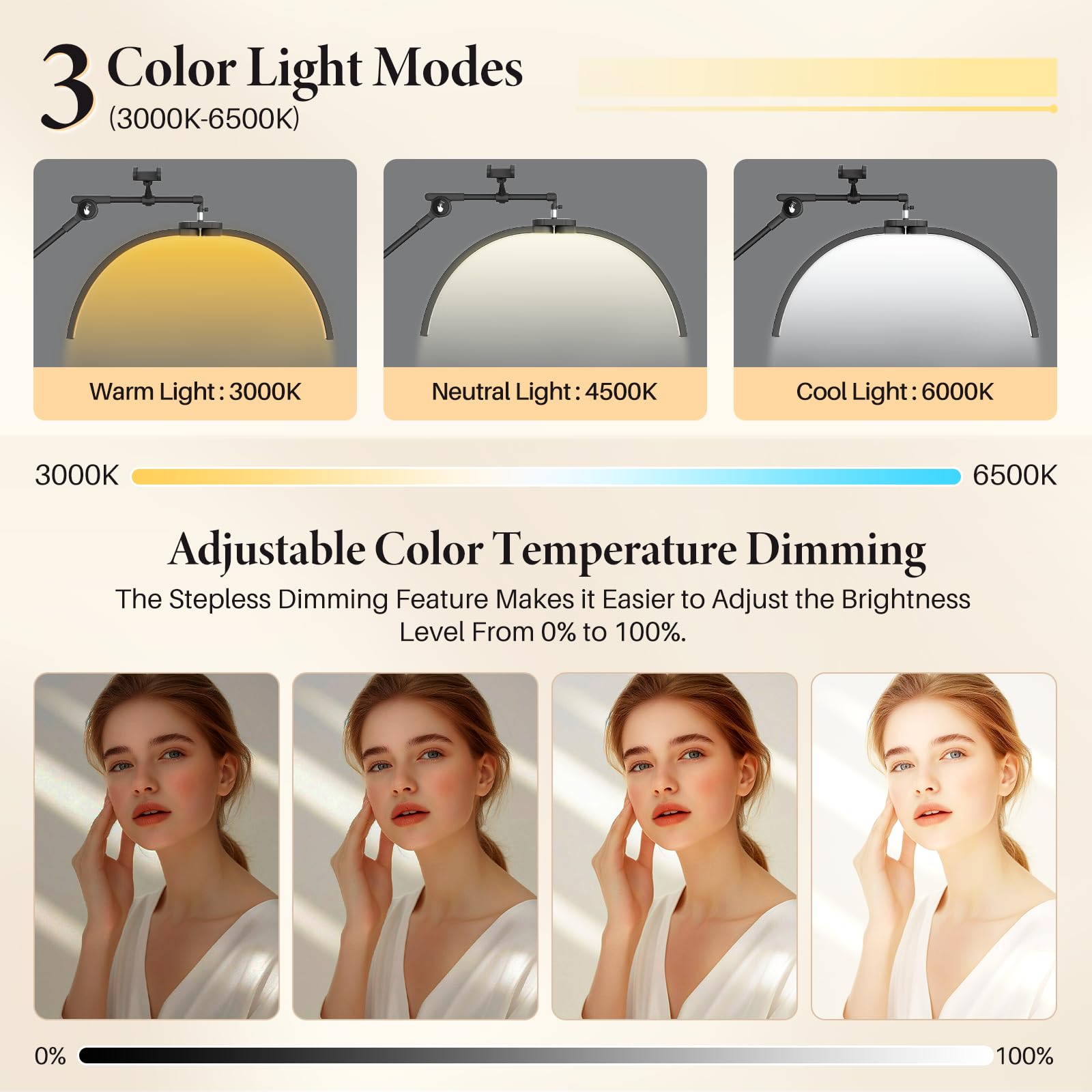 LED Halbmond Wimpern Lampe: Drehbar 360° Halbmond Beauty Lichter Stehlampe mit Telefonhalter - Dimmbares Wimpernverlängerung Lampe für Beauty,Tätowierer, Make-Up Artists - Schwarz