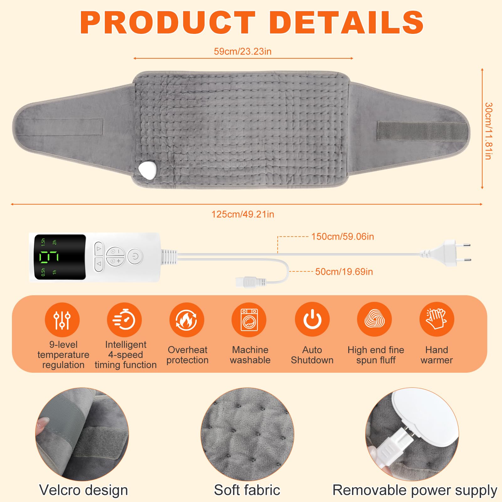 Termoforo Elettrico, 125 * 30cm Termoforo Lombare con 9 Impostazioni di Calore e 4 Timer, Cuscinetto Riscaldante per Schiena, Collo, Spalle, Addome