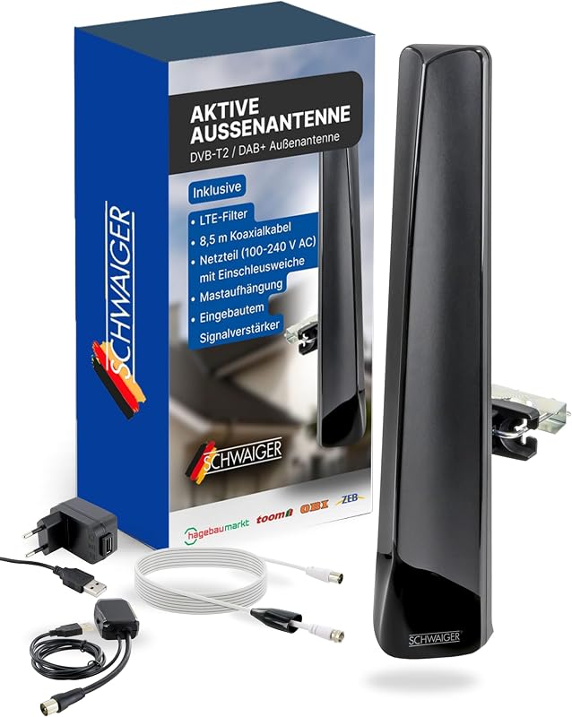 SCHWAIGER aktív kültéri antenna DVB-T2 DAB+ erősítővel, időjárásálló