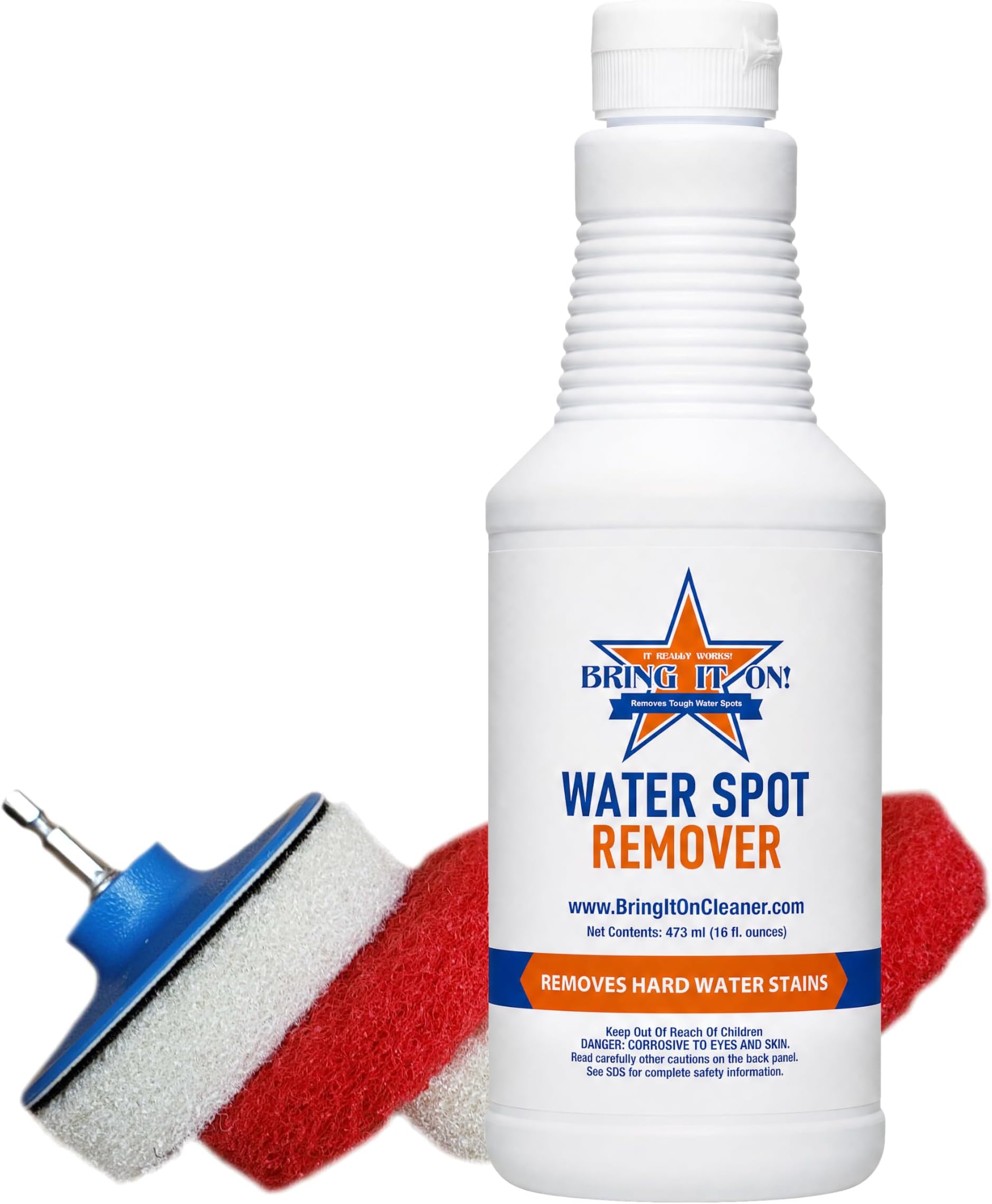 Bring It On Cleaner : 470ml Plus Scrubbing Drill Pads, Water Stain Remover and Shower Door Remove Mould and Mildew with Ease