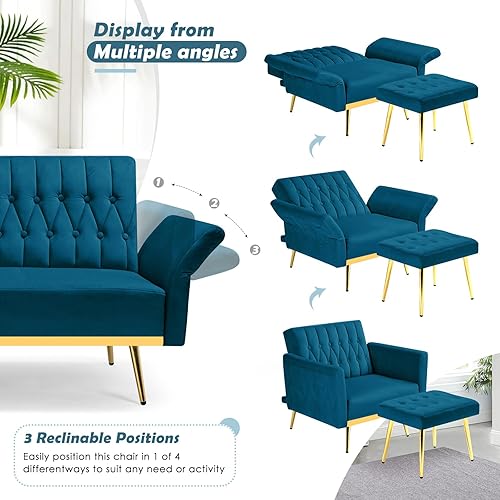 Miniatura 4 de Silla decorativa de terciopelo con respaldo y reposabrazos ajustables, sillón reclinable individual con otomana y patas mentales doradas para sala