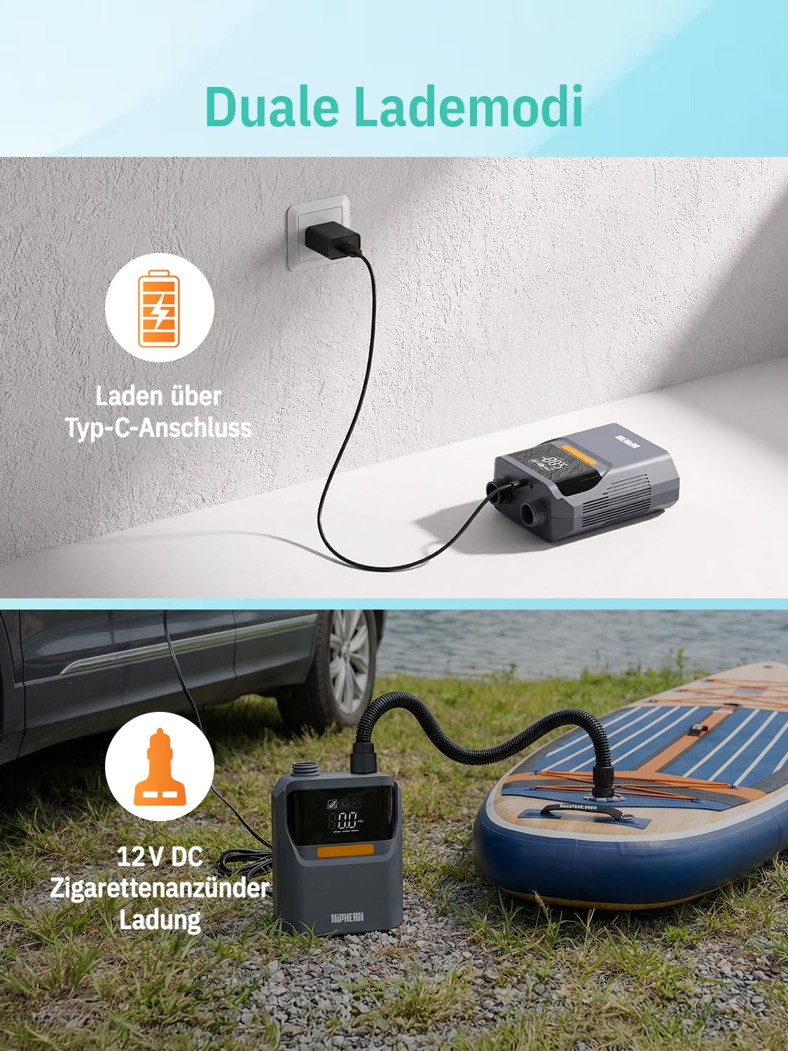 Niphean Elektrische Luftpumpe Akku, 50 PSI Luftpumpe Elektrisch für Autoreifen, Fahrrad, Luftmatratze, SUP Pumpe Elektrisch mit Tragetasche, Akku Pumpe mit Auto-Stopp für Aufblasbares&Entlüftung