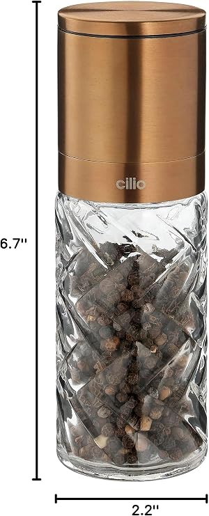Cilio Pepper Grinder & Copper Salt Mill Grinder - 2 in x 6.7 in, Glass & Stainless Steel, Manual Ceramic Mill, Refillable